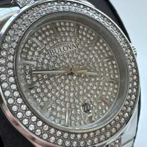 Bulova Men's Quartz Crystal Accents Pave Dial Silver-Tone 42mm Watch 96B235